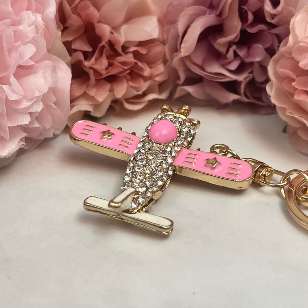 Whimsical Pink & Gold Crystal Airplane Keychain Charm - Picture 6 of 16